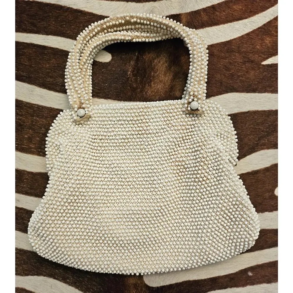Vintage 1950's Lumered Corde Bead Ivory Floral Beaded Purse Clutch